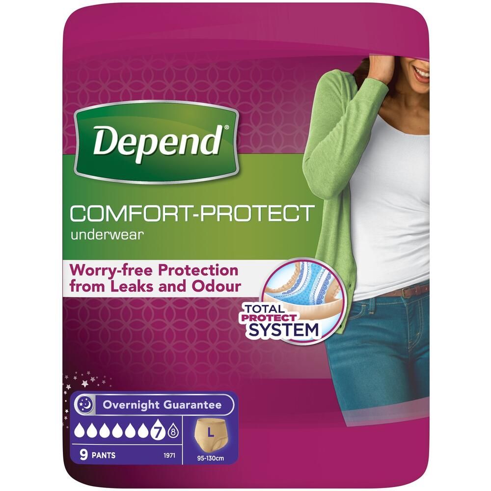 Depend\u0020Comfort\u0020Protect\u0020Underwear\u0020for\u0020Women\u0020\u002D\u0020Large\u0020\u002D\u00209\u0020Pack